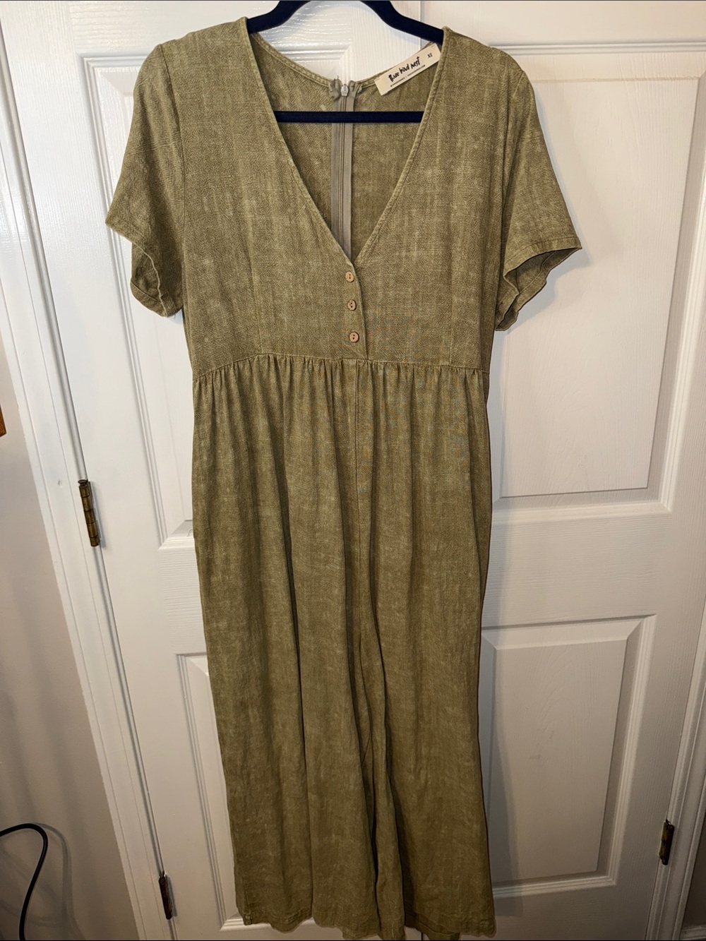 Three Bird Nest Olive V-Neck Jumpsuit with Button Front